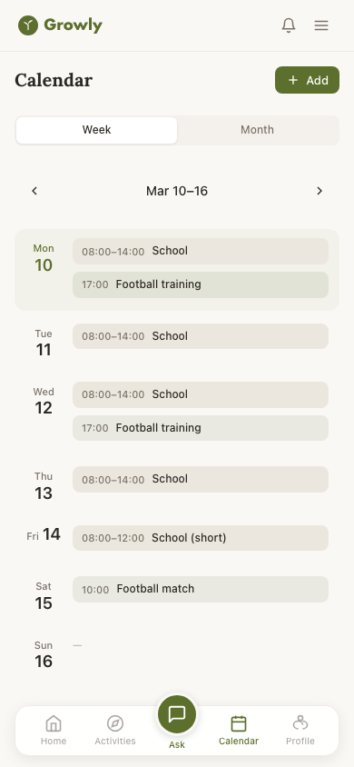 Shared family calendar with scheduled activities