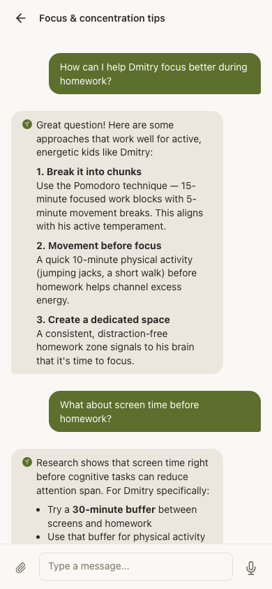 AI chat answering a parenting question about homework routine