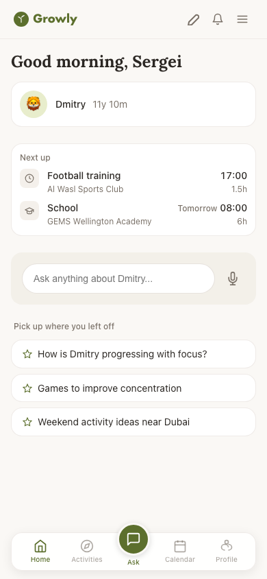 Growly app home screen with daily parenting briefing