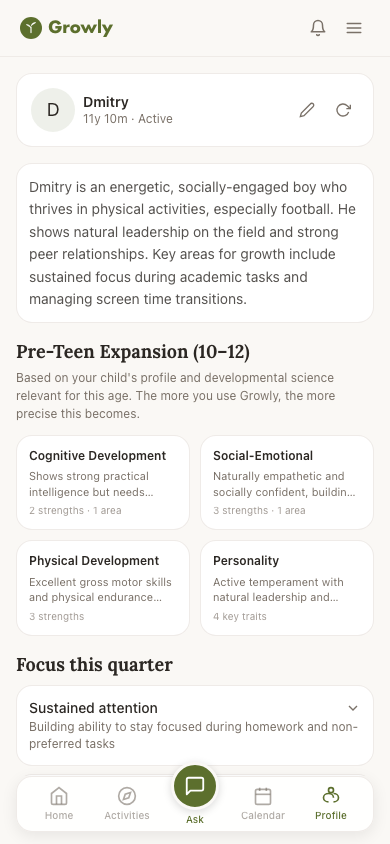 Child development profile showing progress across domains
